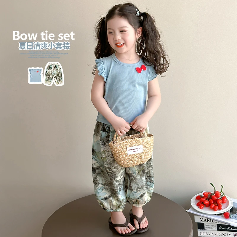 女童飞袖蝴蝶结套装夏款洋气小女孩T恤渲染防蚊裤两件套女宝宝潮
