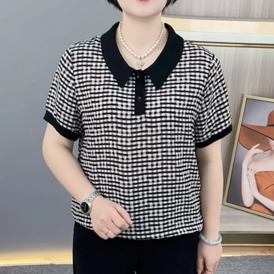 夏季新款时尚翻领格子印花气质妈妈装宽松百搭休闲短袖上衣H2592