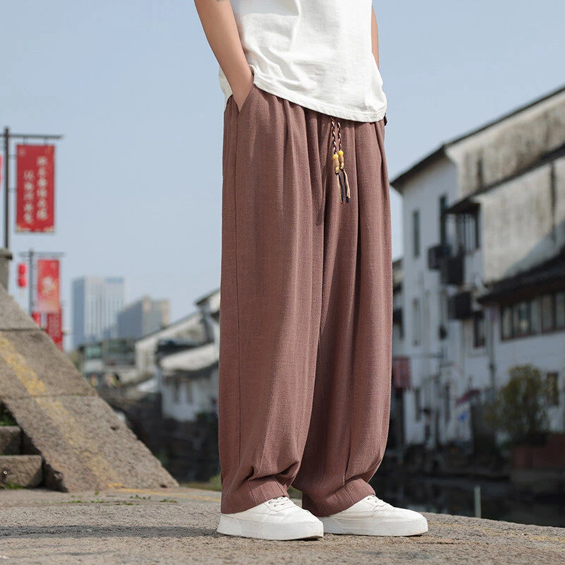 中国风棉麻阔腿直筒裤春夏款休闲裤男宽松长裤大码男士夏季复古