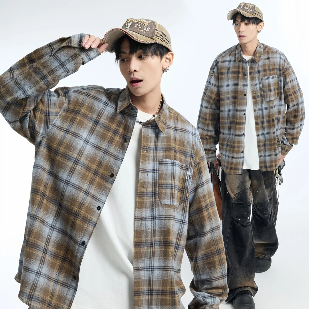 GKKRT春季新款格子衬衫男生潮牌宽松痞帅2025外穿高级感衬衣外套