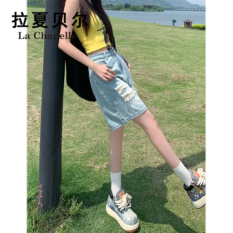 拉夏贝尔时髦破洞牛仔短裤女韩系浅色高腰宽松遮肉显瘦阔腿五分裤