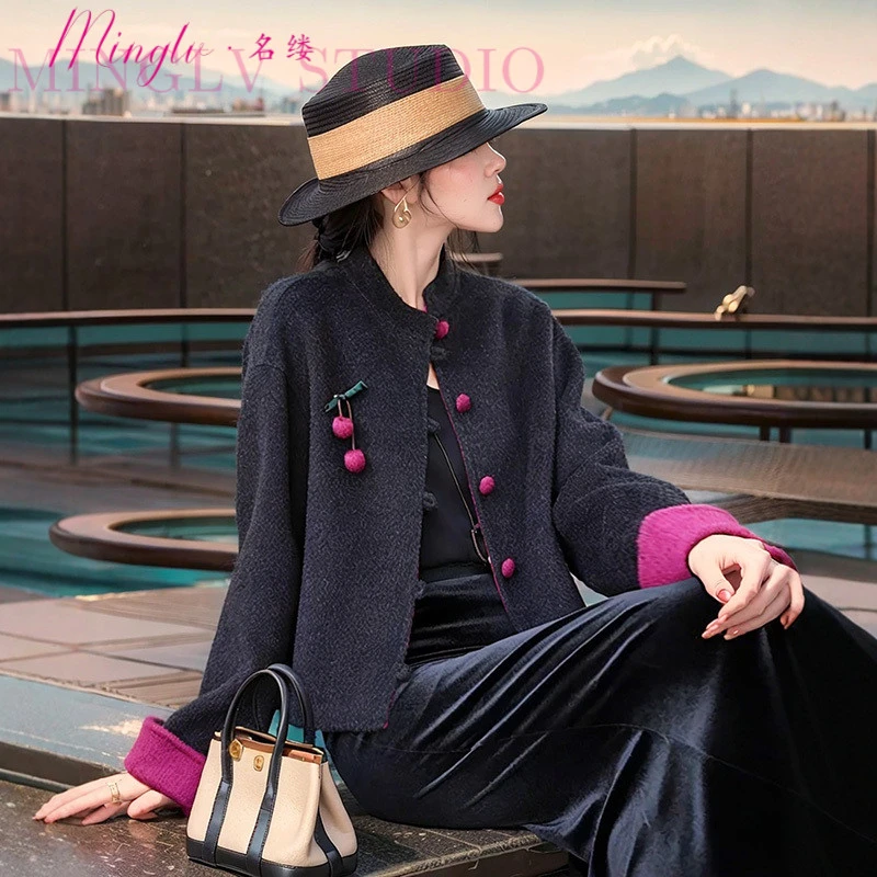 千金感新中式复古毛呢外套女冬季新款国风立领盘扣高级感毛呢外套