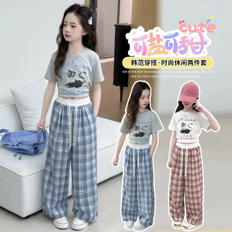 红色大童格子裤夏季毛衣针织衫秋冬季学生潮搭两件套蝴蝶结时尚