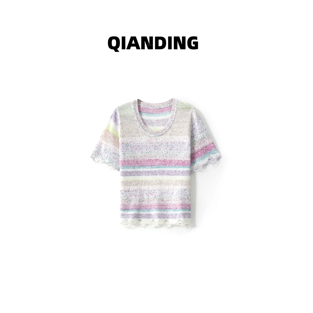 JZ【晚霞破洞衫】段染纱线云柔透气显瘦时尚百搭短袖针织衫JZ25301