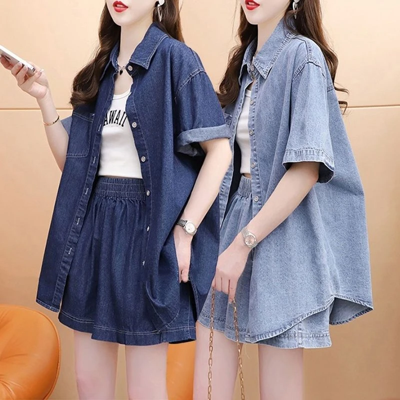 20262025新款春夏套头韩版纯色棉质短袖牛仔短裤两件套时尚潮宝个