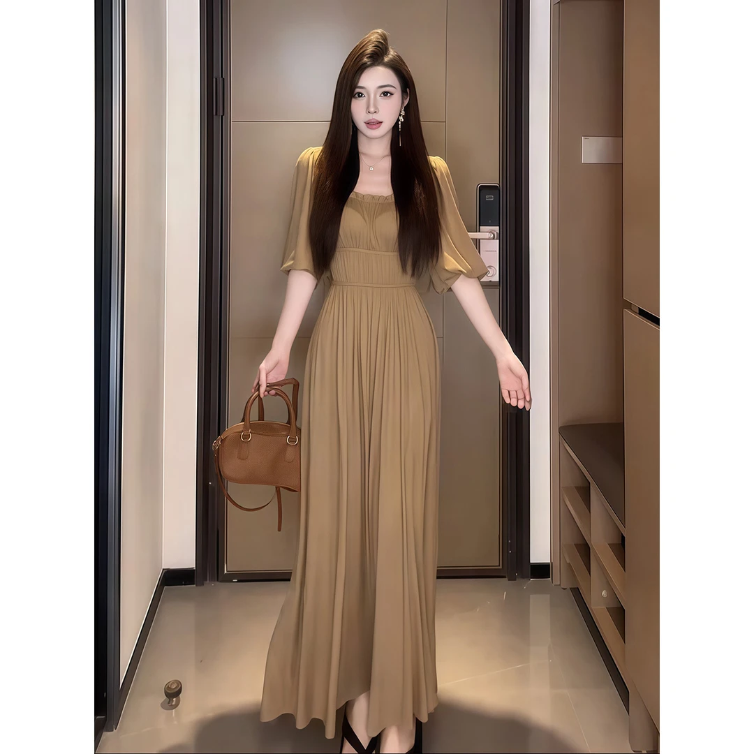 纯欲辣妹风方领灯笼袖连衣裙女2025早秋新款修身显瘦侧开叉长裙子