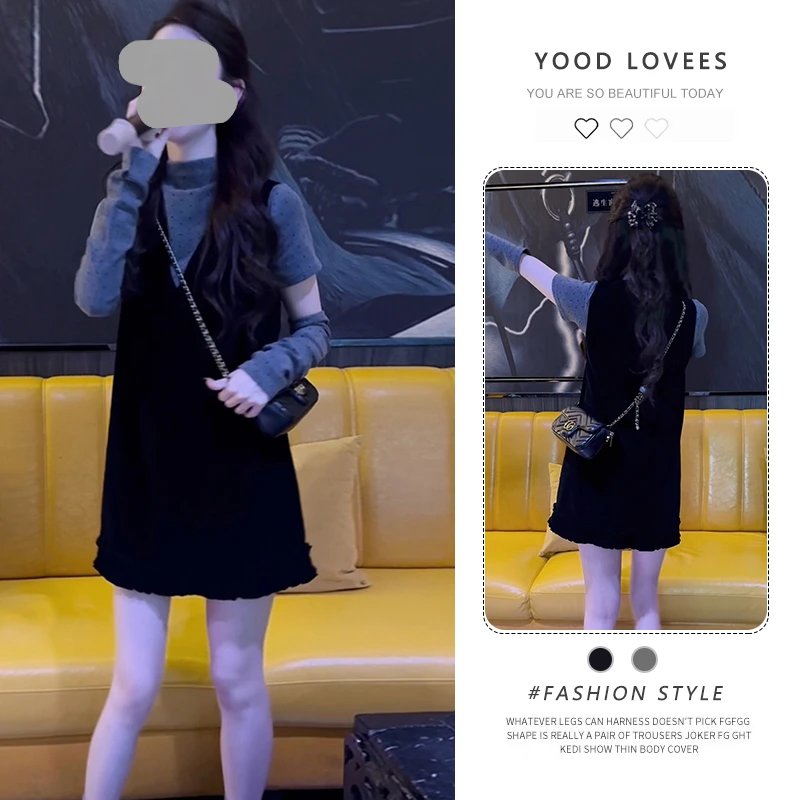 2025春秋新款波点半高领套袖上衣女丝绒V领花边背带连衣裙两件套