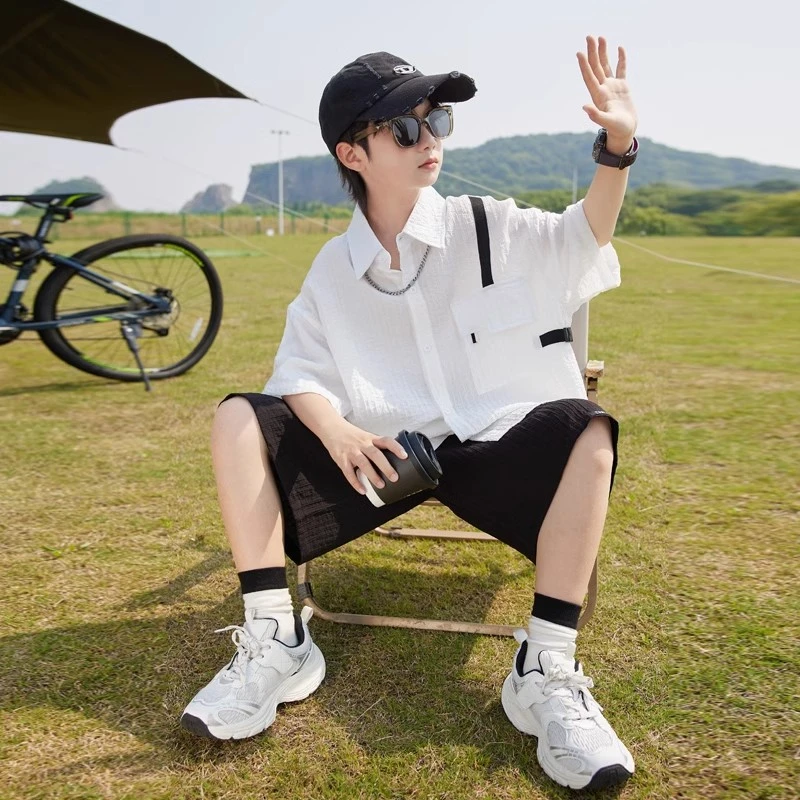 男童夏装套装2025新款儿童夏季薄款短袖衬衫中大童夏款洋气男孩潮