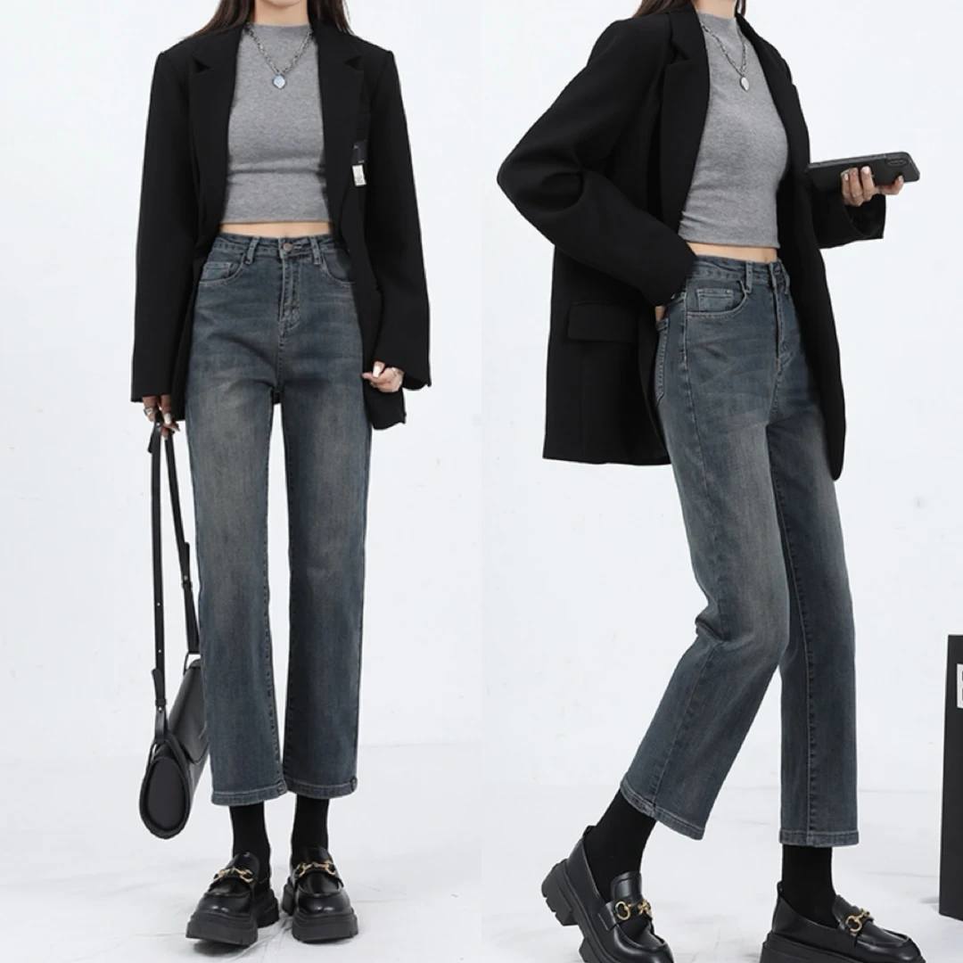 2025年早秋新款直筒牛仔裤女黑色大码高腰小个子弹力九分烟管裤子