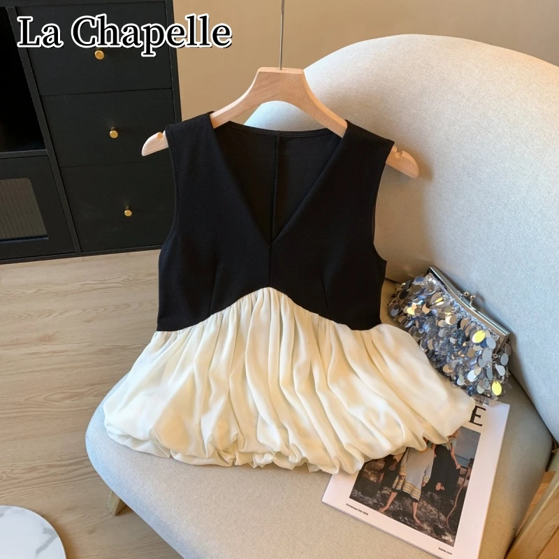 拉夏贝尔夏季法式V领套头无袖背心时尚百搭拼接撞色花苞显瘦上衣