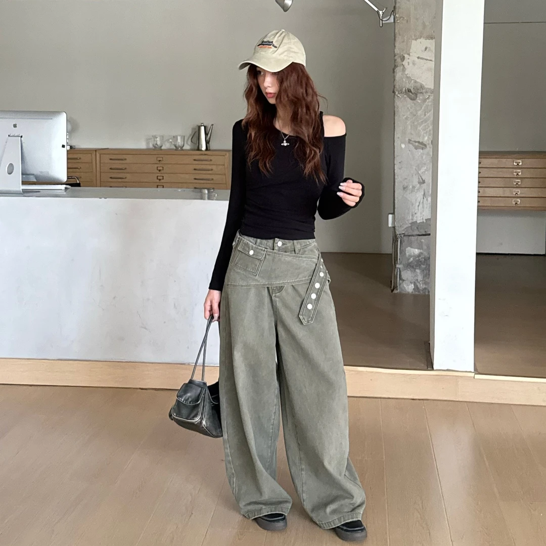 鑫怡定制【复古屁帘】秋季新款美式复古显瘦阔腿高腰宽松屁帘牛仔裤