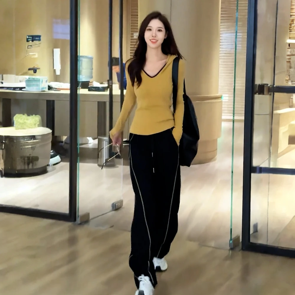 2025秋装搭配一整套女修身气质洋气v领长袖上衣休闲运动裤两件套