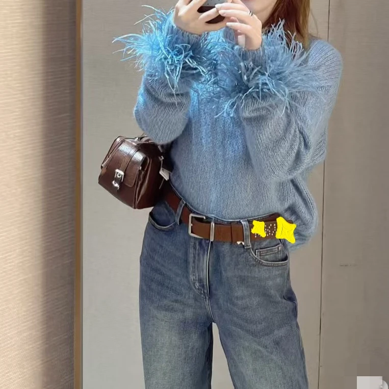 SZSALI 定制毛衫圆领法式羽毛针织毛针织衫长袖高腰牛仔裤套装