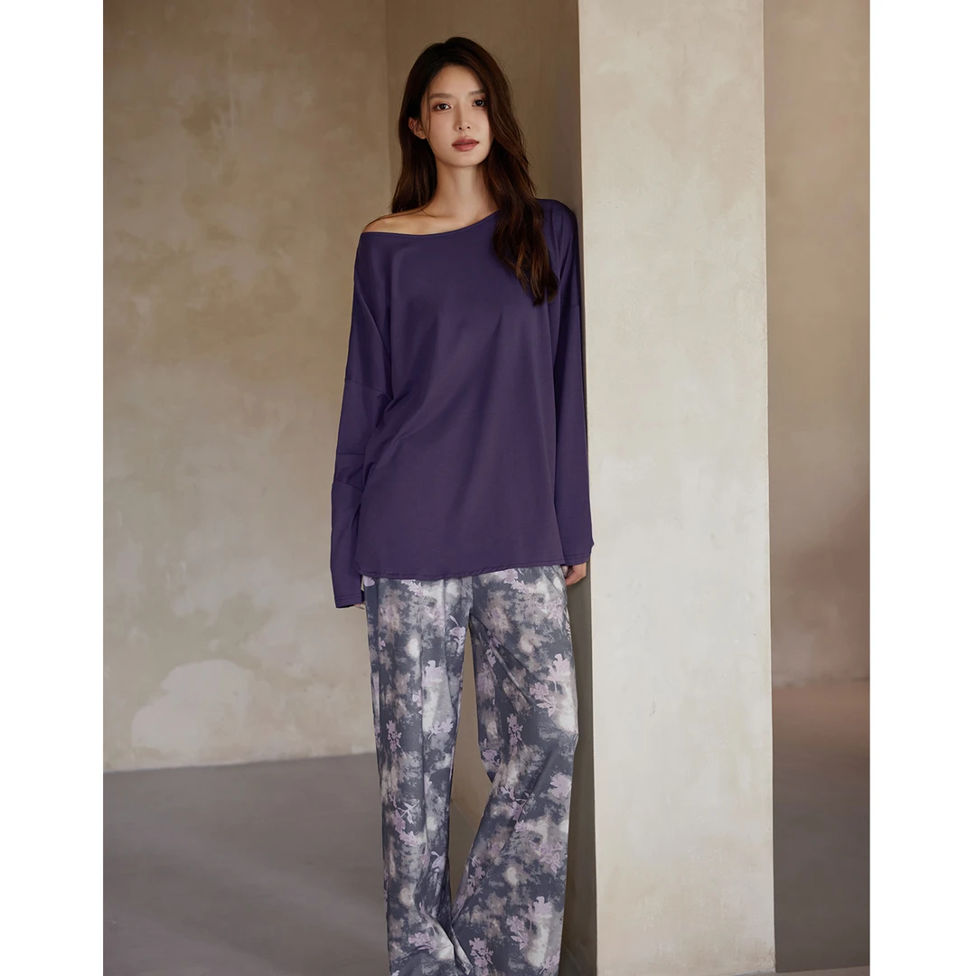 美腾春秋季睡衣女士莫代尔棉长袖紫色宽松家居服抗菌长裤套装高级