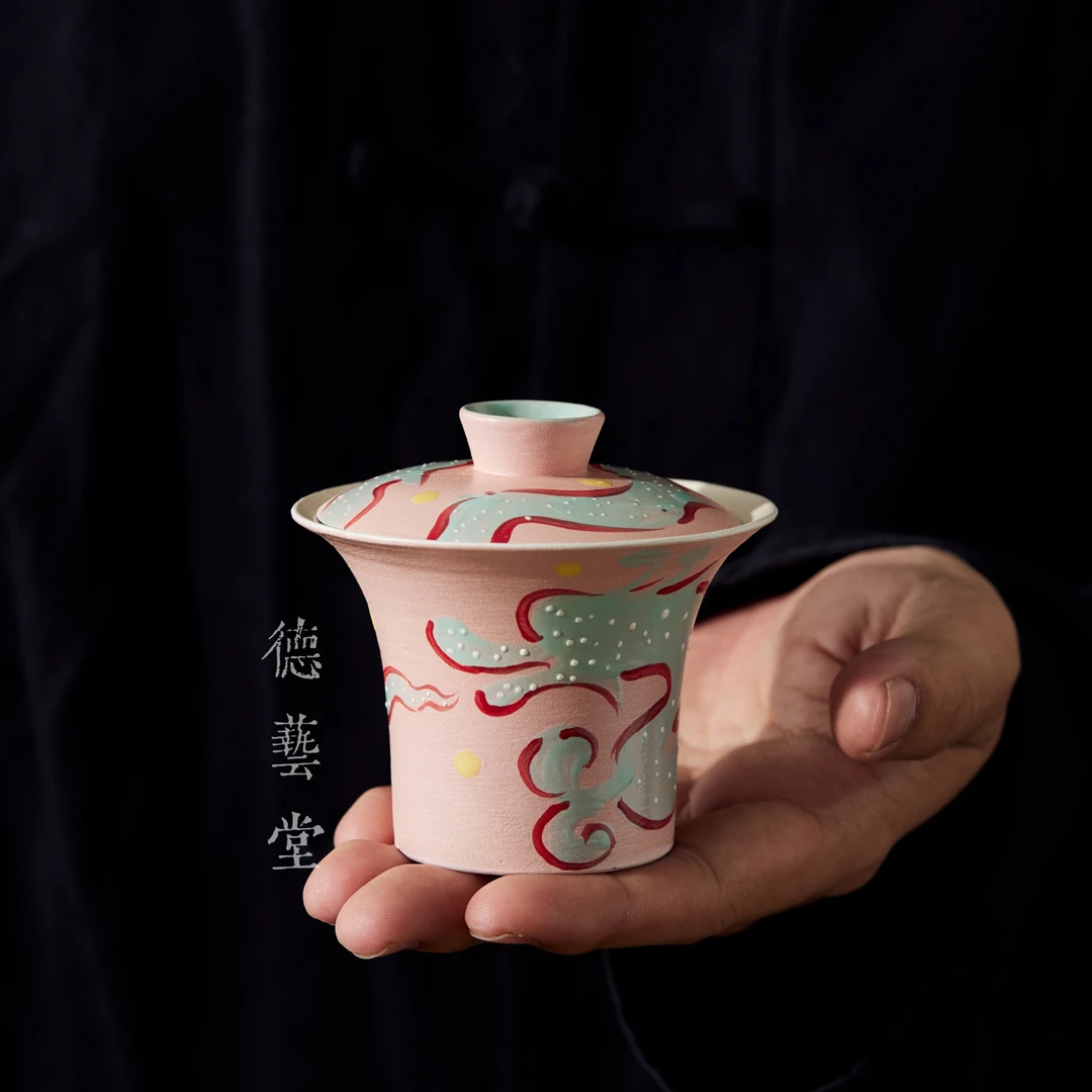 【德艺堂】 景德镇手工盖碗 牧渔化妆土创意不烫手日式功夫粉色茶具
