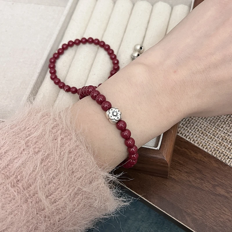 天然辰砂国风新中式紫砂朱砂手串手链「柿柿如意」足银999银手链