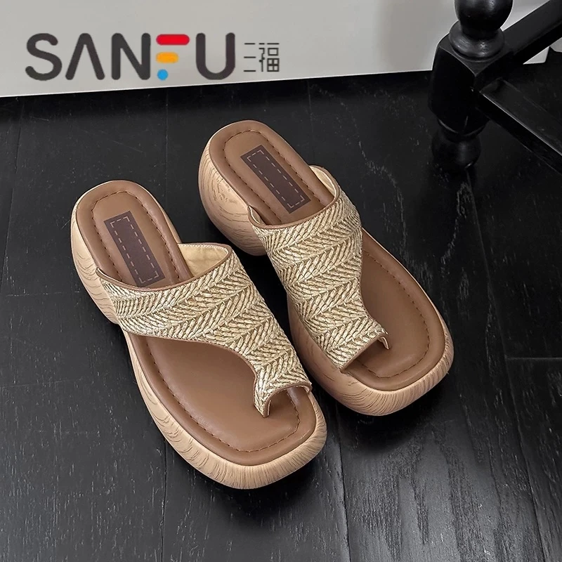 三福法式度假风仙女绝美草编织软底不累脚高跟凉鞋厚底凉拖鞋女