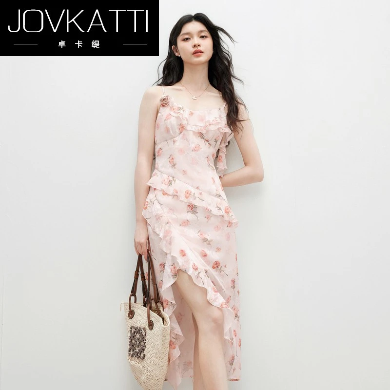 Jovkatti碎花减龄吊带连衣裙2025年夏季新款气质独特漂亮收腰裙