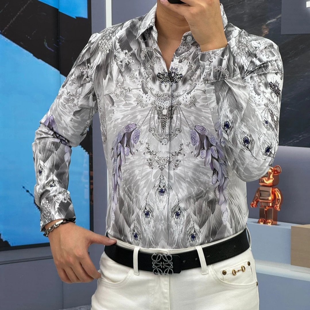 轩诚2025春季新款男士长袖免烫抗皱印花潮流轻奢修身百搭衬衣3185