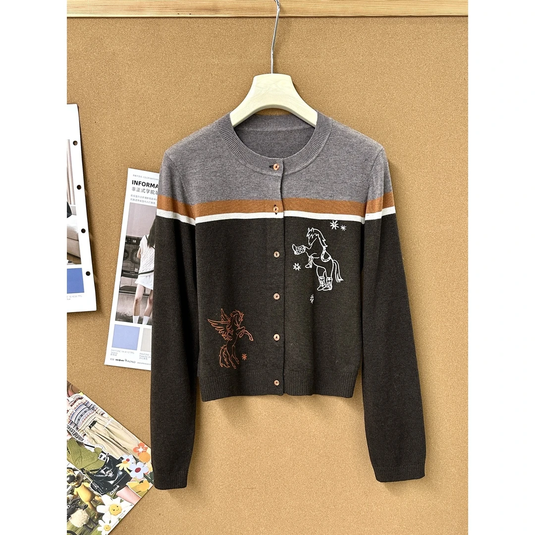 【ZHEN】15MY846 高级感复古撞色条纹小马刺绣开衫