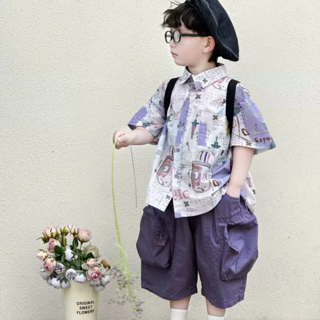 男童套装2025夏季新款儿童韩版洋气印花衬衫纯色工装短裤两件套潮