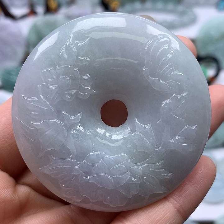 翡翠未镶嵌颈饰花开富贵平安扣两面工艺福利卡厚12+
