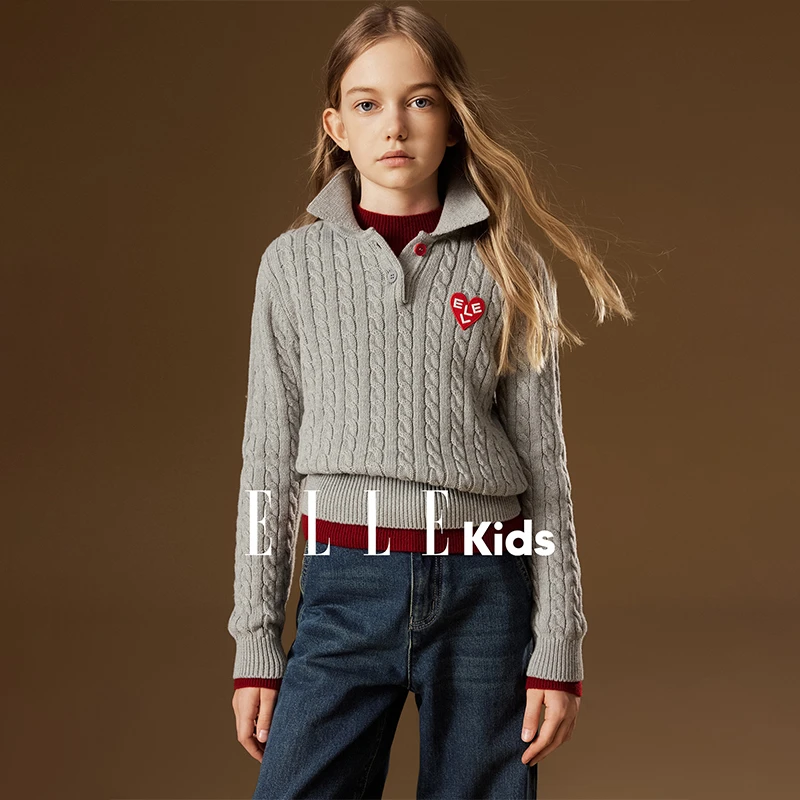ELLE KIDS 学院绞花套头毛衣女童秋冬polo领贴布绣针织衫D2