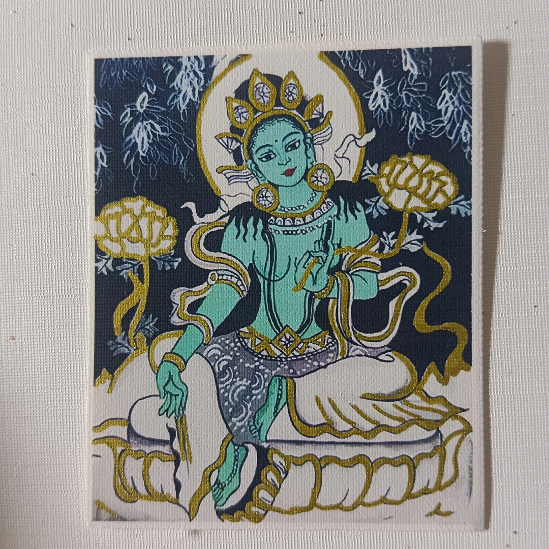 描金唐卡卡心半手绘白度母大黑天绿度母黄财神4×5cm