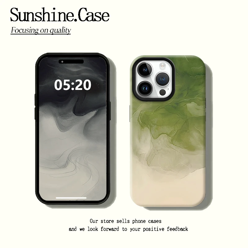 飞虎胜高级绿水墨晕染适用苹果15菲林手机壳华为vivo小米15oppo套