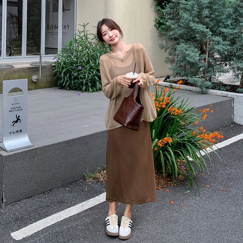 减龄针织罩衫吊带裙套装女中长款2025秋新款慵懒松弛感早秋两件套