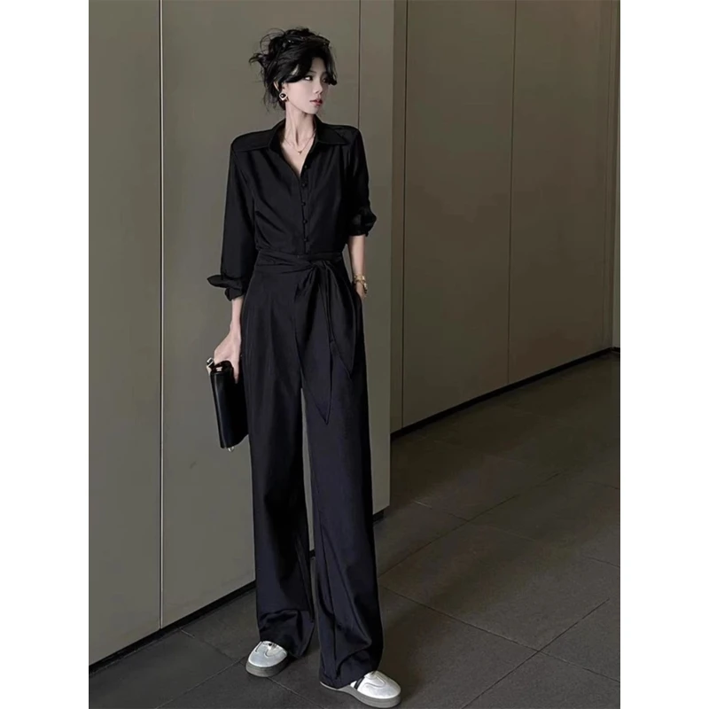 4377+4378休闲风气质黑色翻领衬衫阔腿裤套装御姐轻熟两