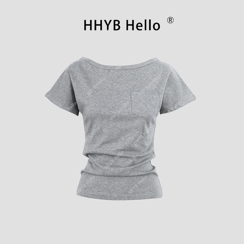 HHYB Hello【2025春季新款】一字领斜肩多穿口袋短袖上衣T恤250039