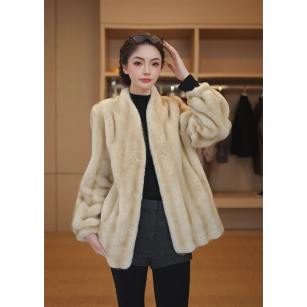 【TT】燕麦色V领水貂质感气质慵懒时尚冬季外套0351