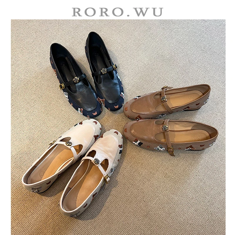 娆娆吴·头层牛皮可爱卡通猫咪刺绣丁字扣休闲风百搭单鞋D394-1