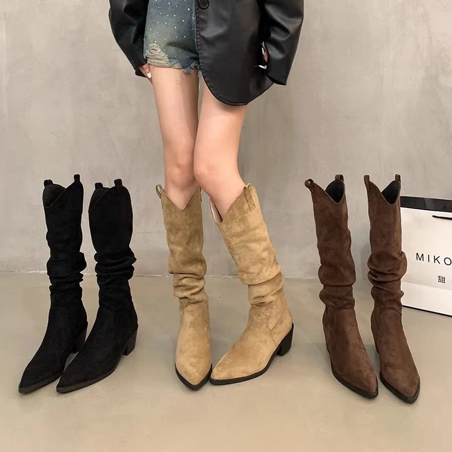 法式复古咖色堆堆靴西部牛仔靴秋冬高筒靴女靴子小个子卡其色长靴