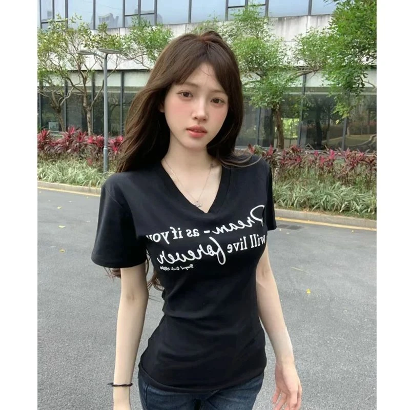 美式辣妹修身显瘦字母印花V领短袖T恤女夏季百搭绝美chic短款上衣