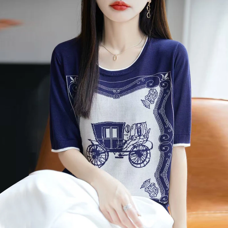 圆领老爷车莱塞尔针织短袖T桖女夏季宽松大码上衣天丝凉感打底衫