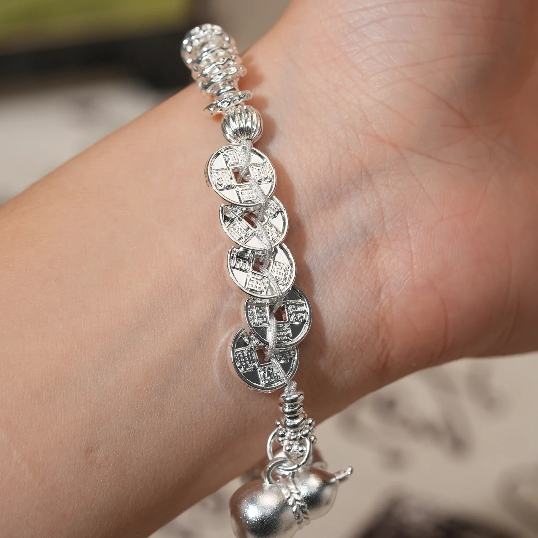 足银手链 葫芦五帝钱盘缠手链足银999简约复古个性可调节送女友