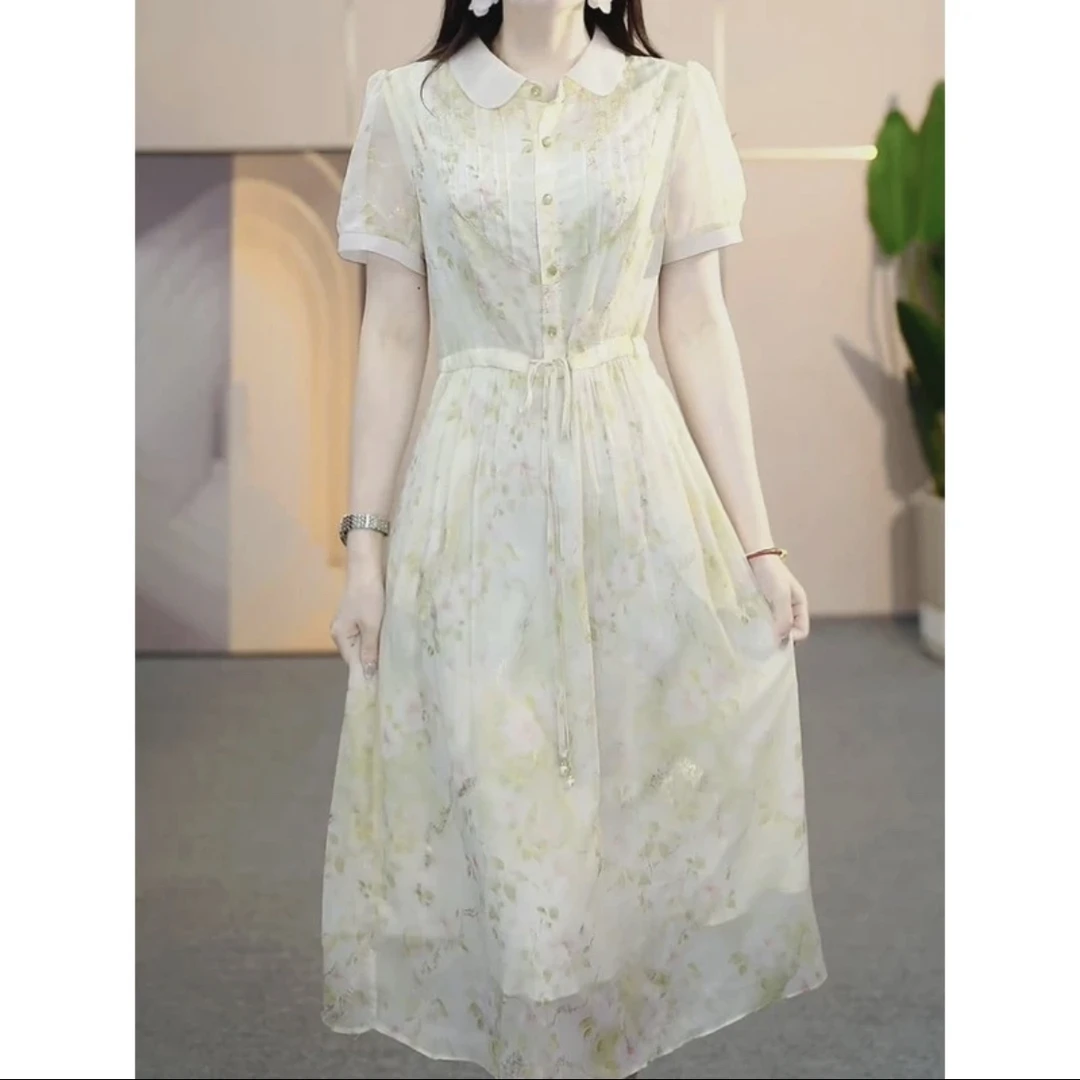 JQ180夏季新款娃娃领连衣裙收腰显瘦长裙