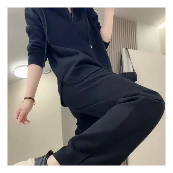 2025秋装新款连帽卫衣两件套中年宽松网红爆款遮肚减龄通勤套装女