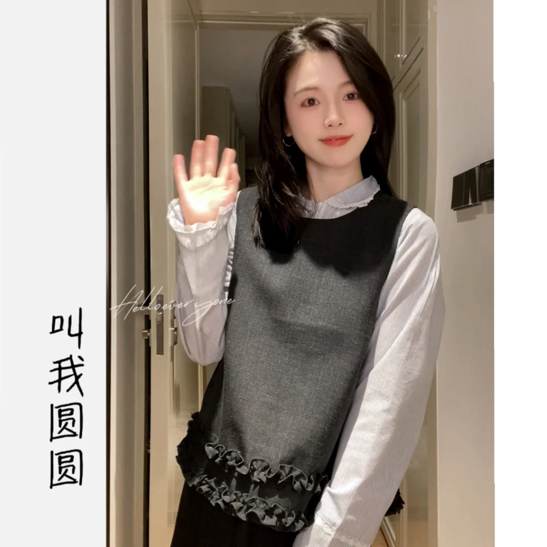 圆圆 【灰雨色】春秋复古法式小众宽松花边重工套装 YY 10342