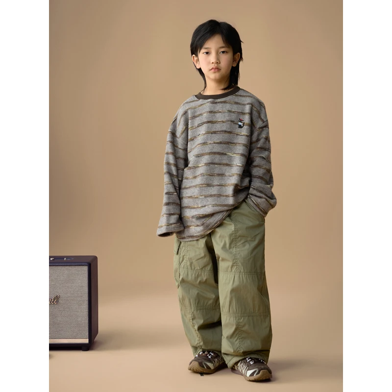 冬季新款童装韩版条纹猫咪刺绣宽松卫衣男女童套头圆领上衣打底衫