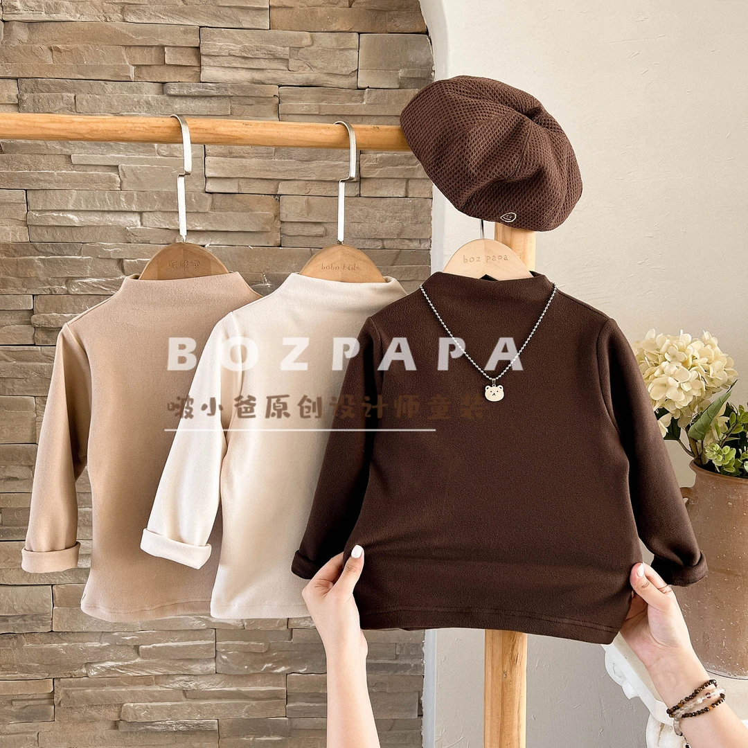 啵小爸【轻启暖冬】2025冬季新品男童纯色半高领双面德绒加厚打底衫