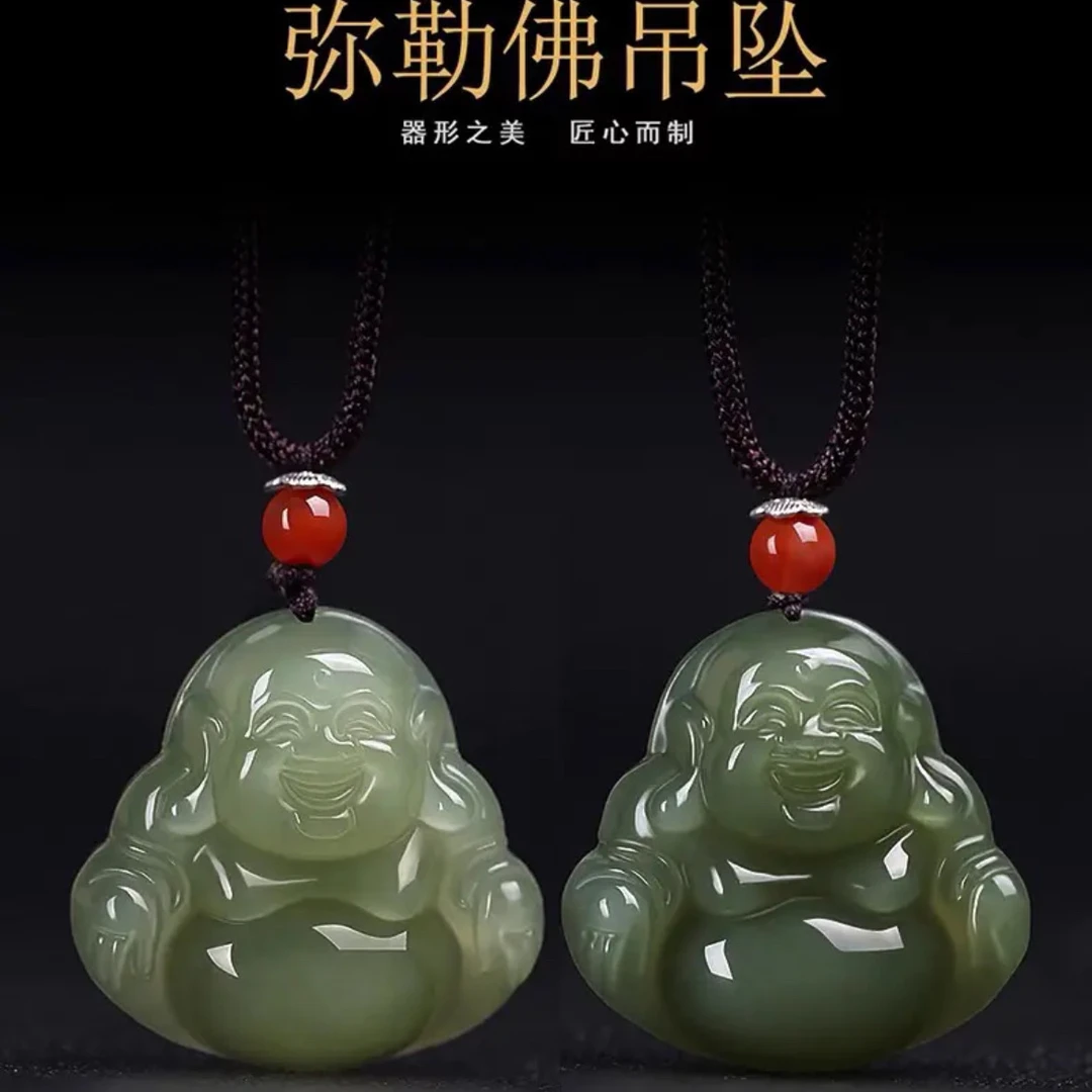 天然新疆和田玉弥勒佛湖水绿晴水大肚佛项链笑佛佛公吊坠玉佛玉佩