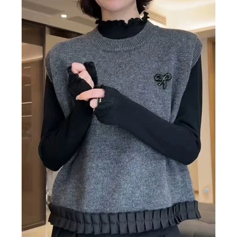 【灰色蝴蝶结马甲】韩版简约灰色短款针织衫马夹