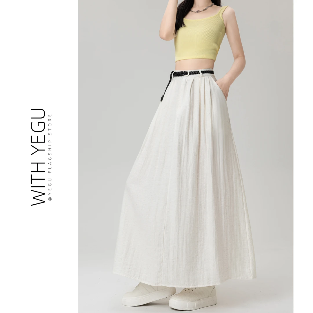 慵懒感白色凉凉半身裙女夏季薄款配腰带高腰a字大摆裙垂感山本裙