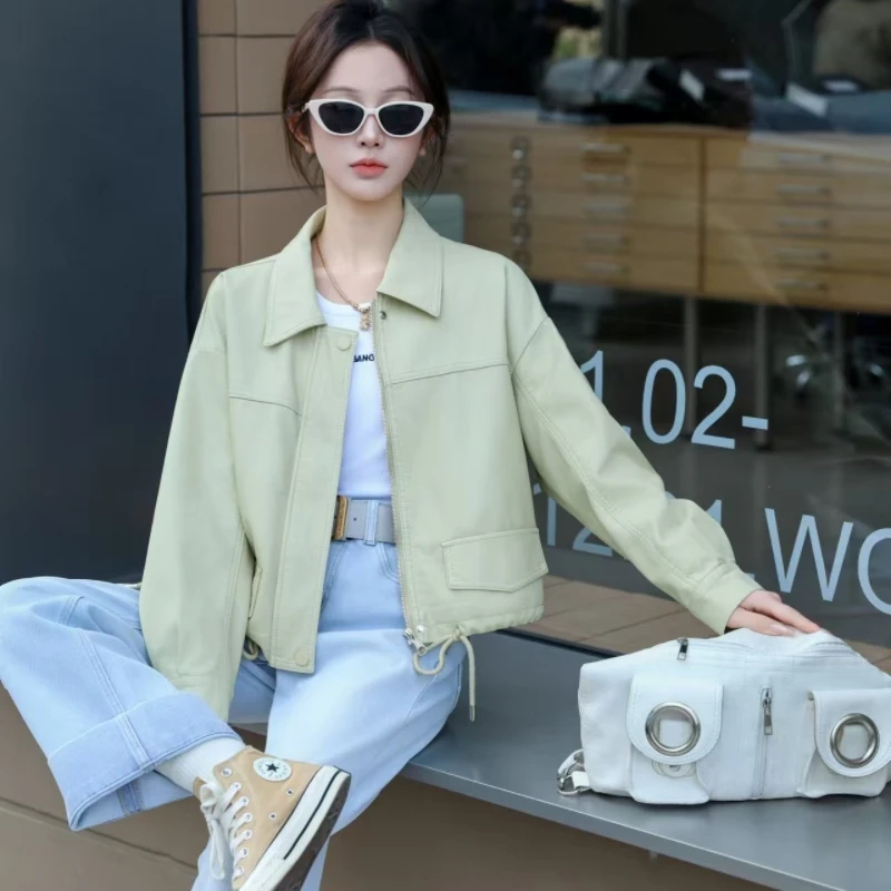 2025春秋季新款时尚洋气短款简约宽松翻领机车风夹克防风皮衣外套