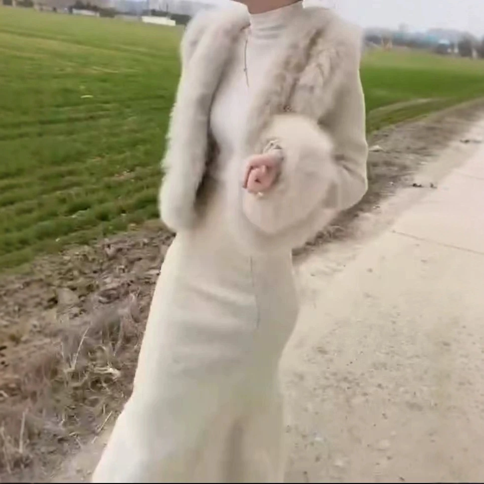 冬季洋气减龄名媛气质套装裙毛毛拼接短外套+鱼尾裙长款设计师