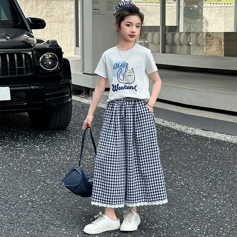 女童套装儿童卡通猫咪上衣格子裤两件套洋气时尚女孩夏季显高韩版