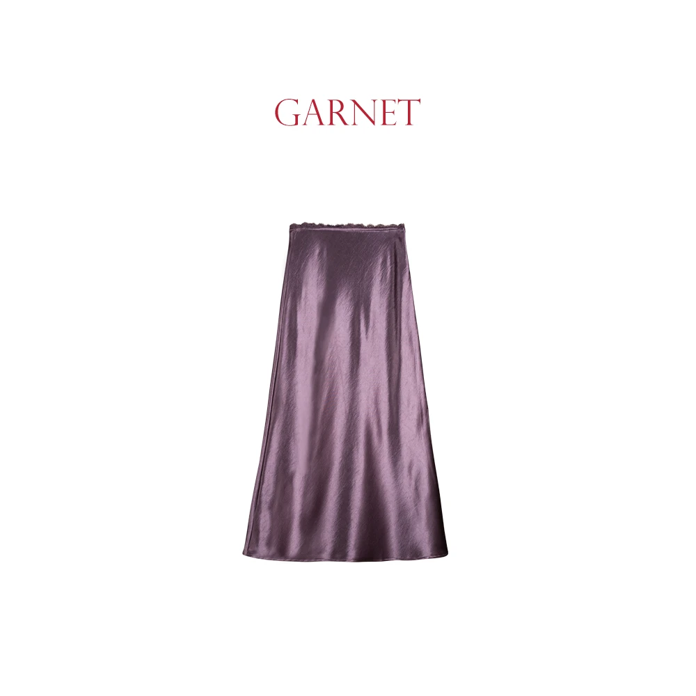 GARNET原创设计师款缎面裙紫色蕾丝长款半裙HSL25SS025